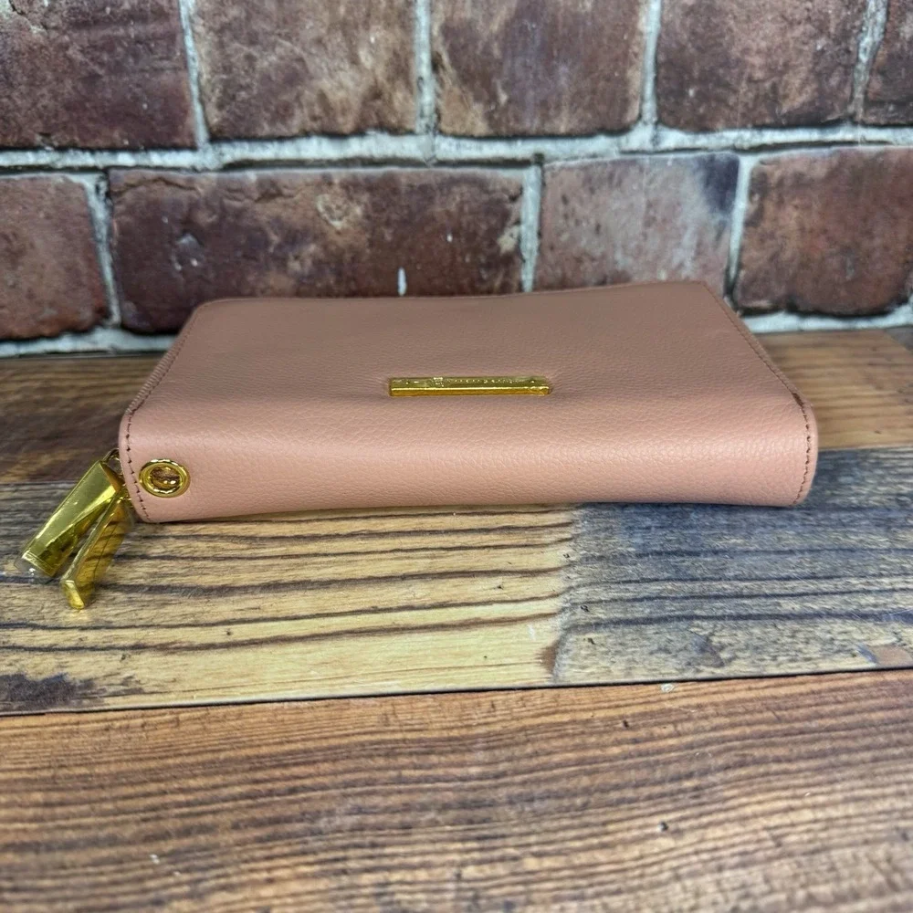 Joy Mangano Luxe Leather Double Wallet Wristlet RFID Pink Salmon New No Strap‎